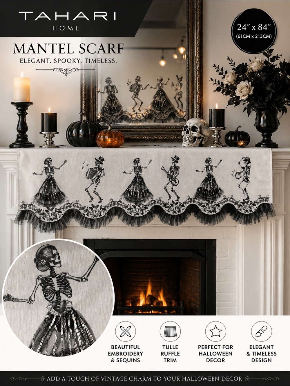 Tahari Black & White Skeleton Dancer Mantel Scarf